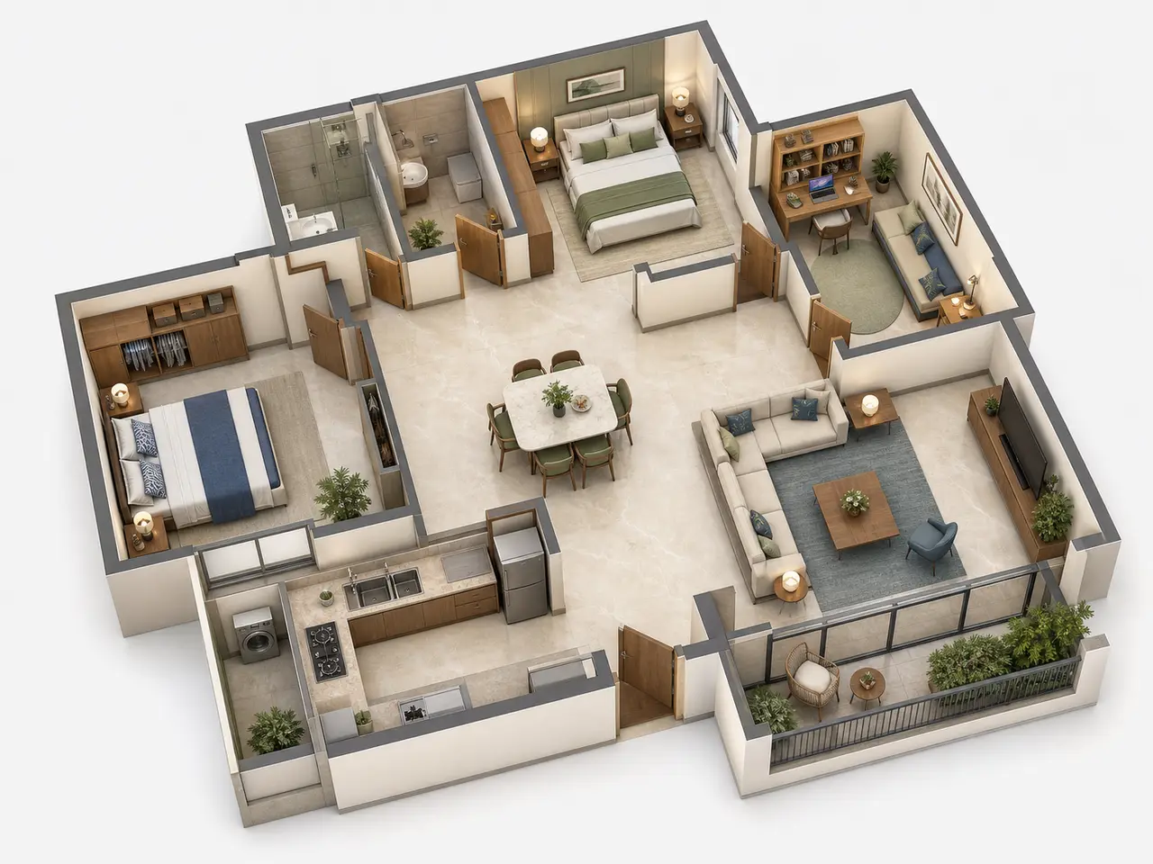 3D cutaway showing a two-bedroom apartment with a flexible study room 3D cutaway showing a two-bedroom apartment with a flexible study room