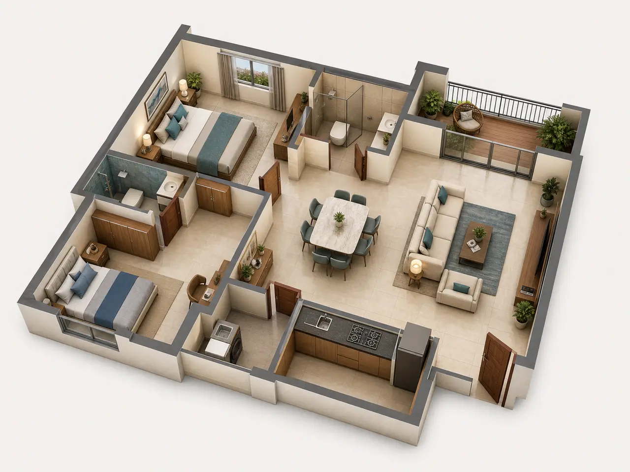 3D cutaway showing a two-bedroom apartment arrangement 3D cutaway showing a two-bedroom apartment arrangement