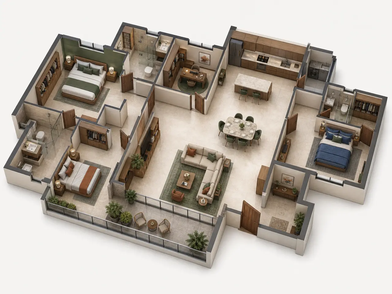 3D cutaway showing a three-bedroom apartment with a flexible study room 3D cutaway showing a three-bedroom apartment with a flexible study room