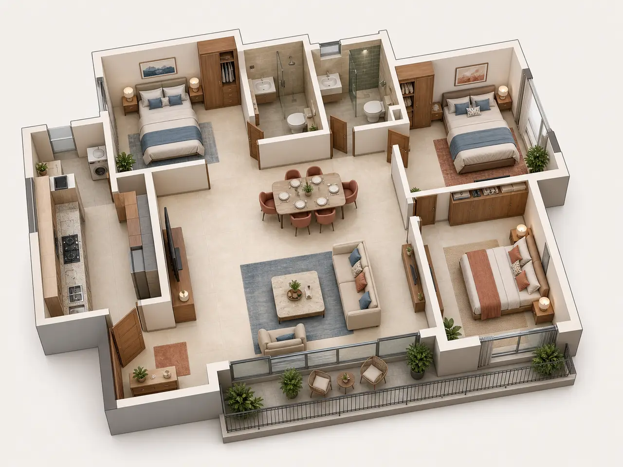 3D cutaway showing a three-bedroom apartment arrangement 3D cutaway showing a three-bedroom apartment arrangement
