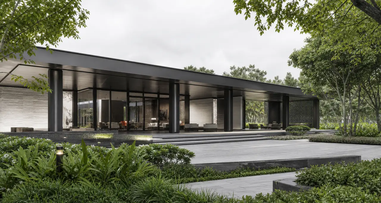 Low contemporary clubhouse pavilion opening onto a landscaped court