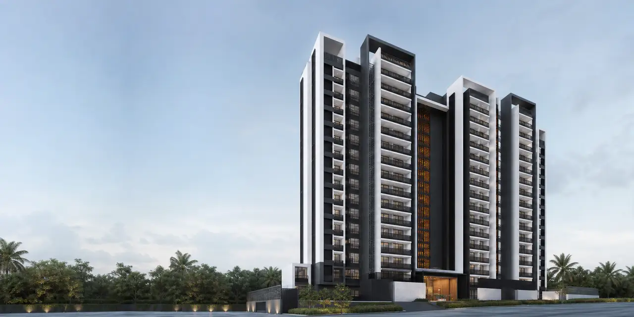 Contemporary high-rise residential elevation with warm lighting against a blue-grey sky