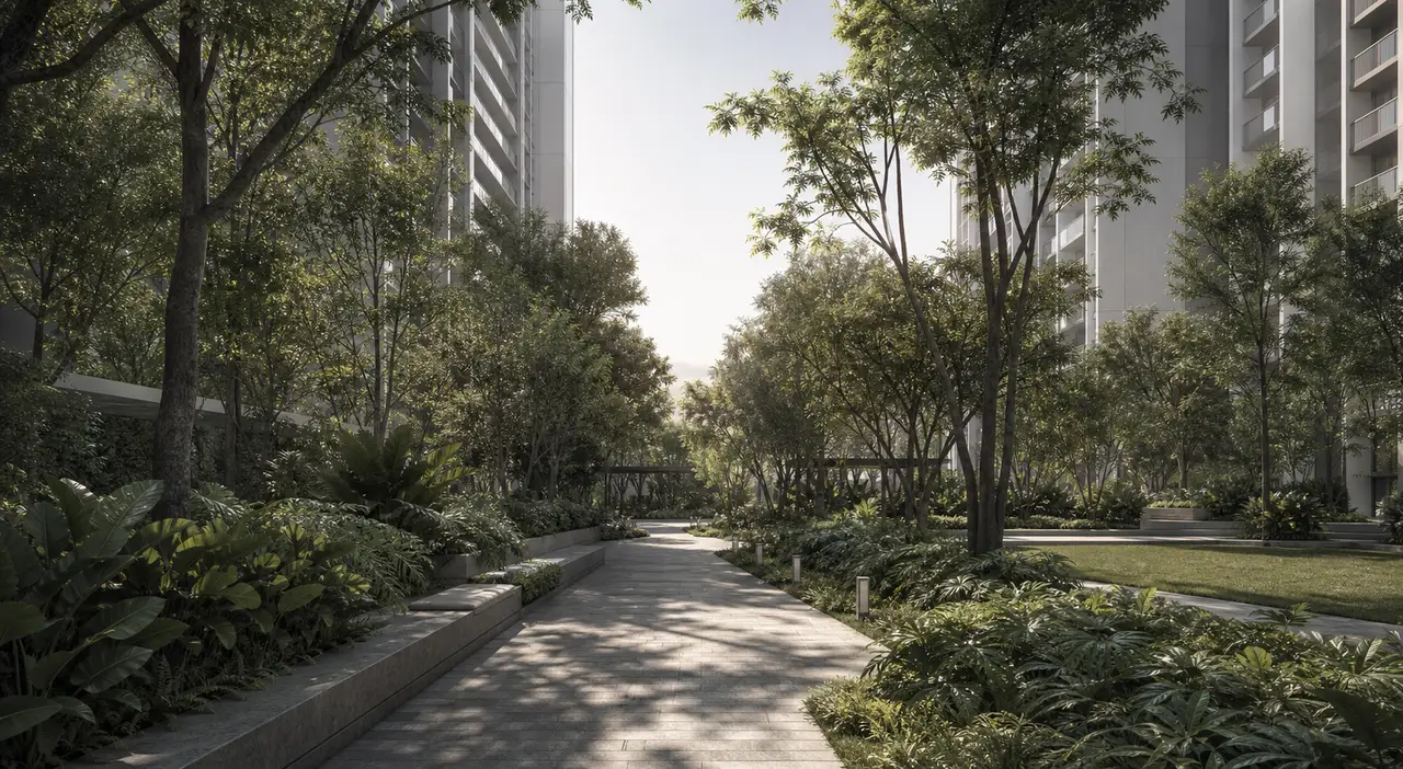 Tree-lined residential landscape court with a shaded walking path