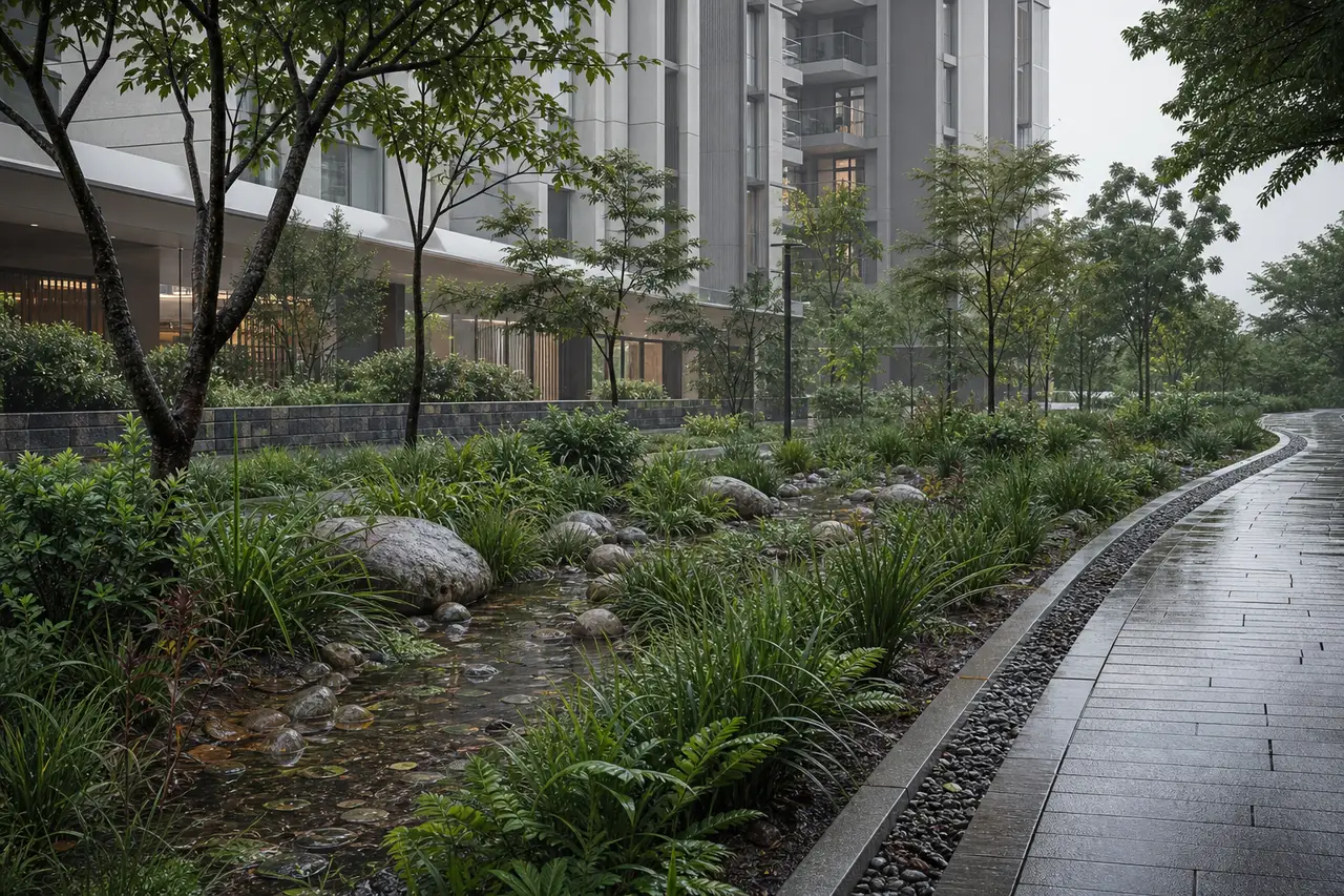 Planted residential garden beside a pedestrian path