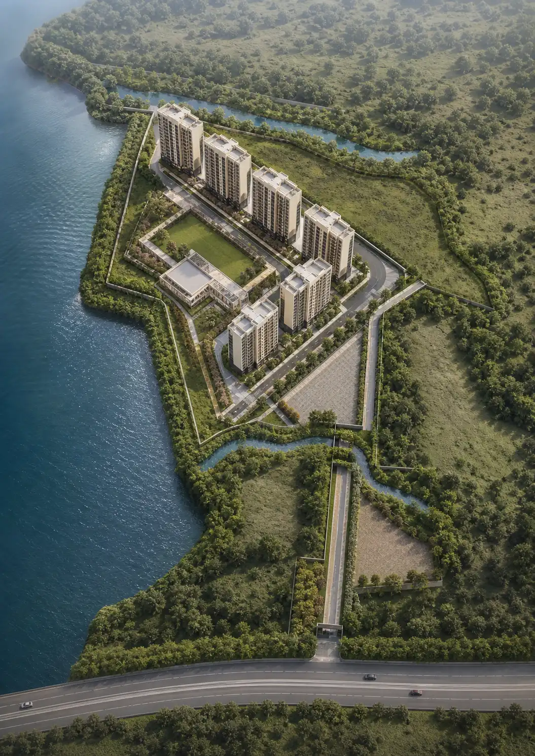 Aerial master-plan view showing six residential towers, a clubhouse and landscaped open space