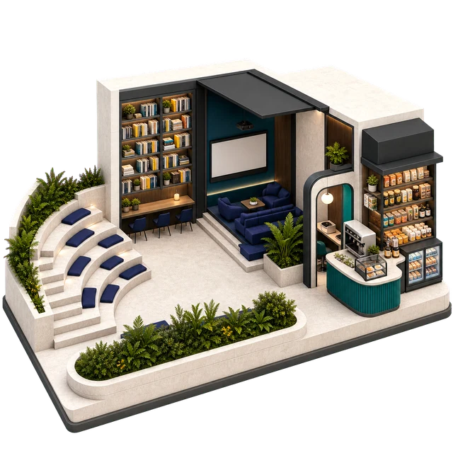 Reading, business & convenience spaces amenity illustration